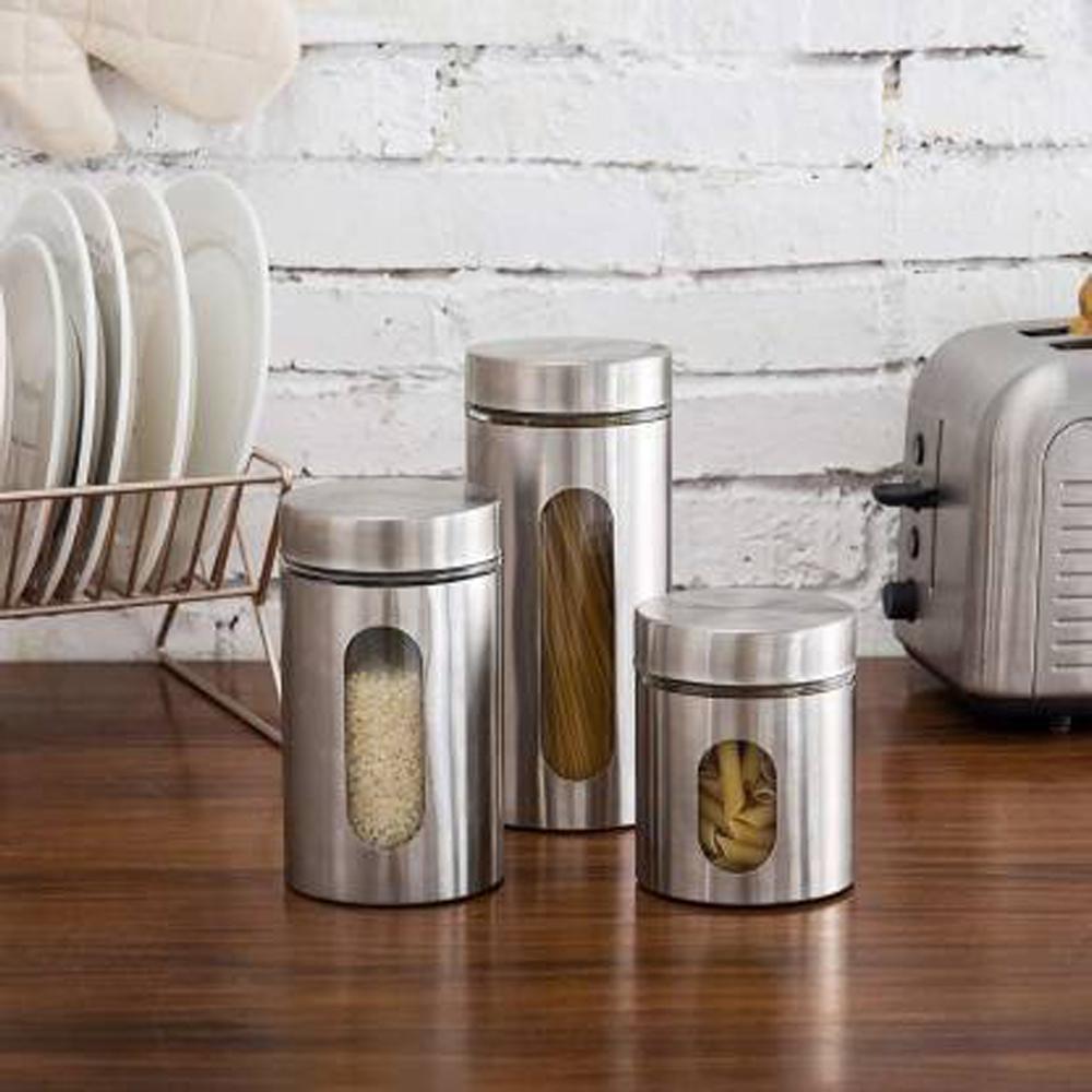 2359 Stainless Steel Jar With Visible Container Glass Window & Airtight Lid (Pack of 3) (325ml,500ml,740ml) - SkyShopy 2359 Stainless Steel Jar With Visible Container Glass Window & Airtight Lid (Pack of 3) (325ml,500ml,740ml) - SkyShopy